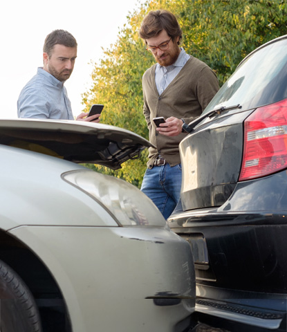 men calling car mechanic insurance assistance after car accident